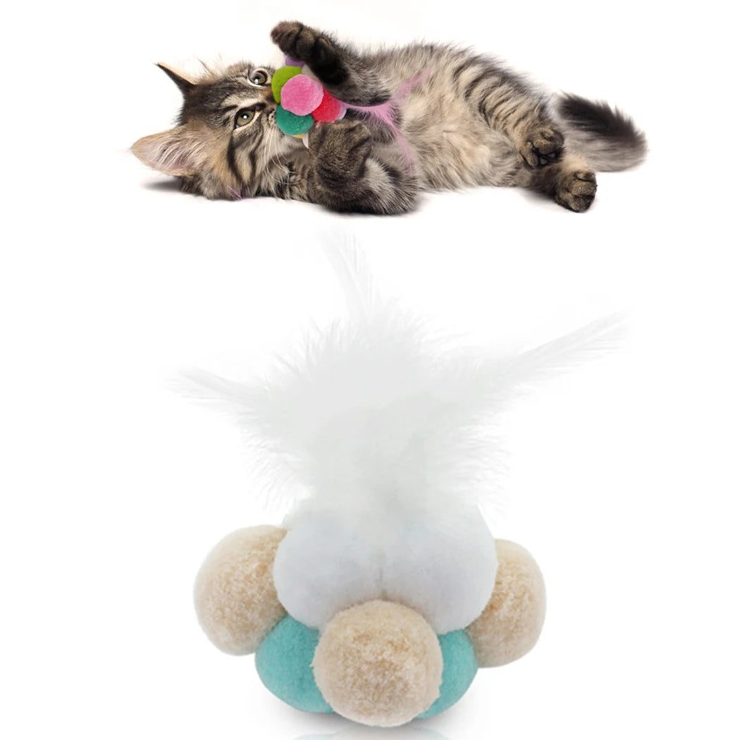 1 pieza de divertidos juguetes para gatos, a la moda, creativos, lindos, con forma de bola de peluche, campana de plumas falsas, juguete para masticar para gatos, suministros para mascotas